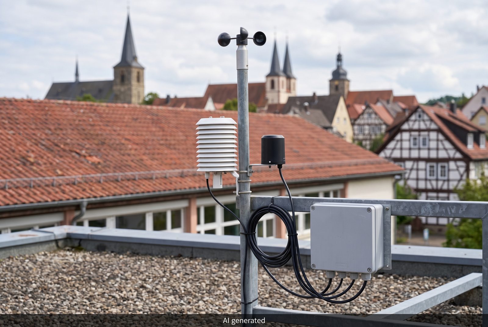 Wetterstation auf einem Schuldach, KI-erzeugtes Beispielbild