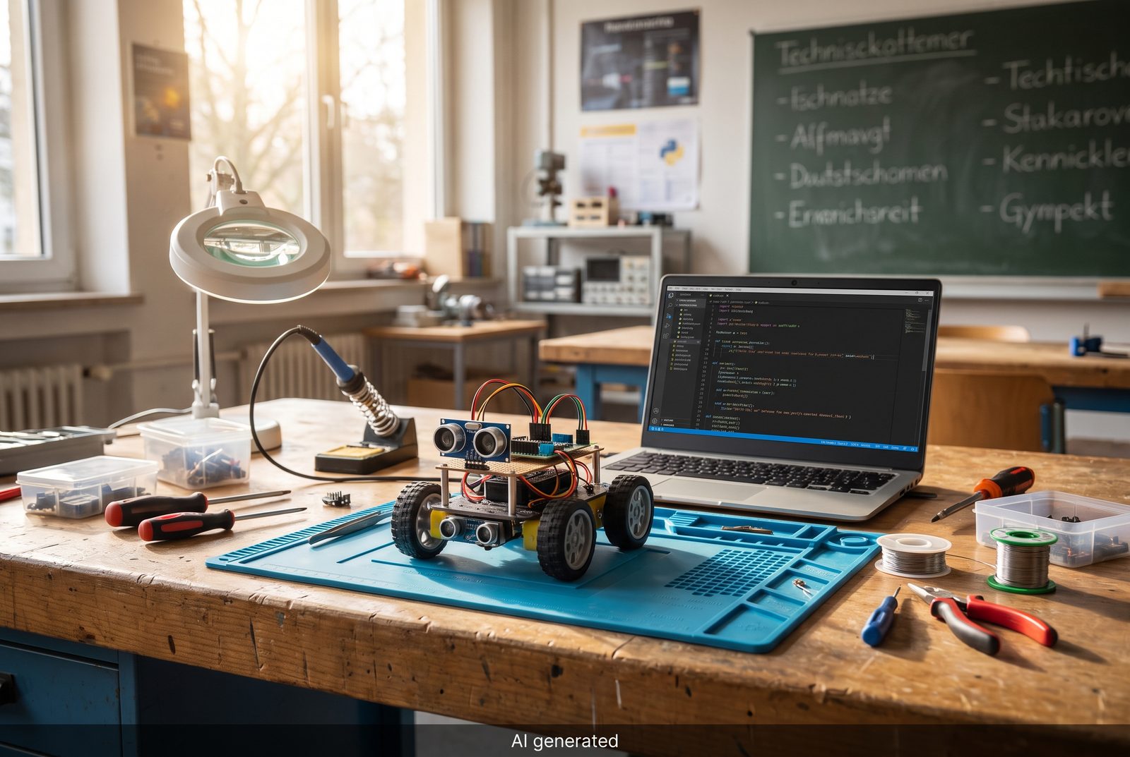 Kleiner Lernroboter auf einer Werkbank, KI-erzeugtes Beispielbild
