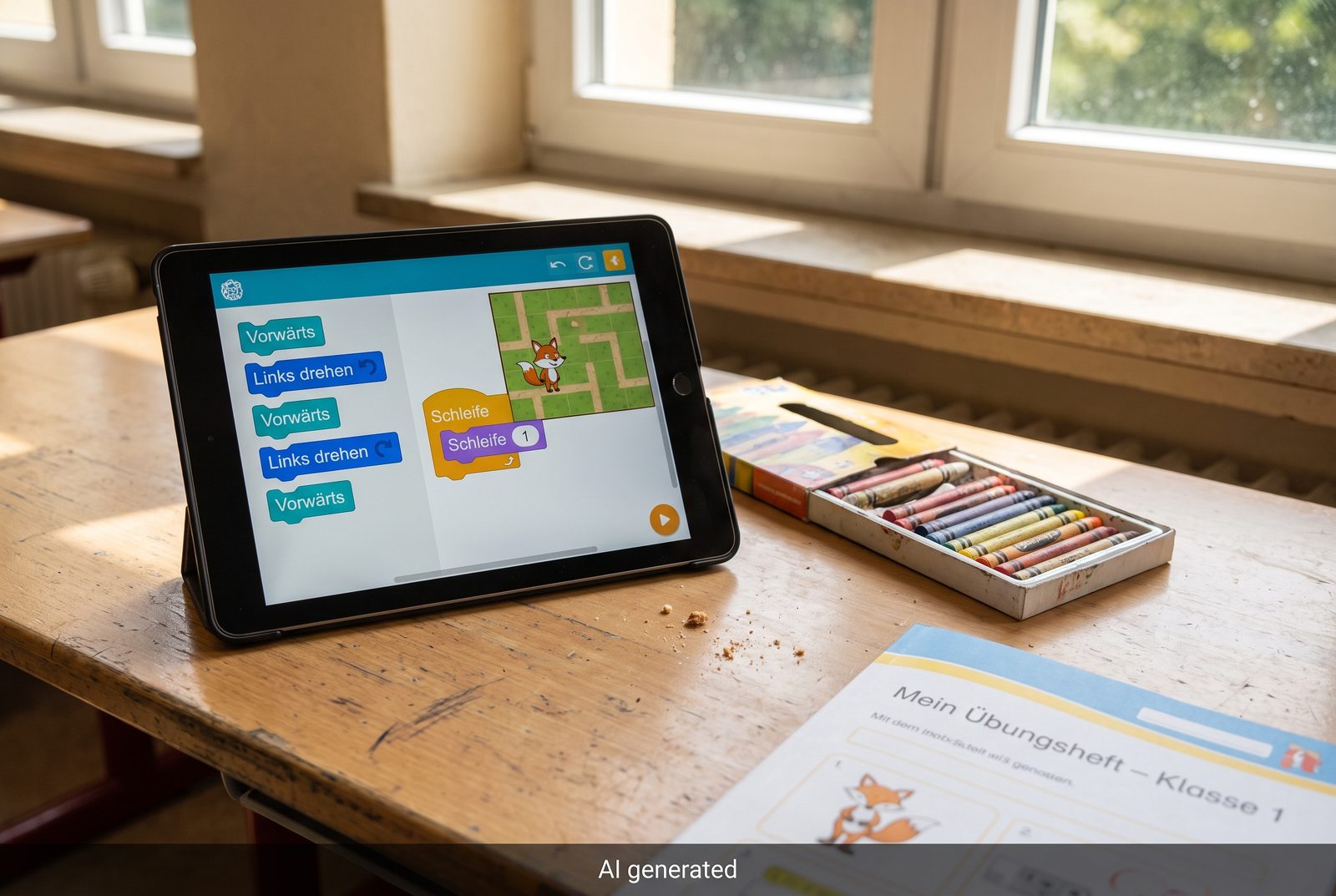 Tablet mit bunten Programmierbausteinen, KI-erzeugtes Beispielbild