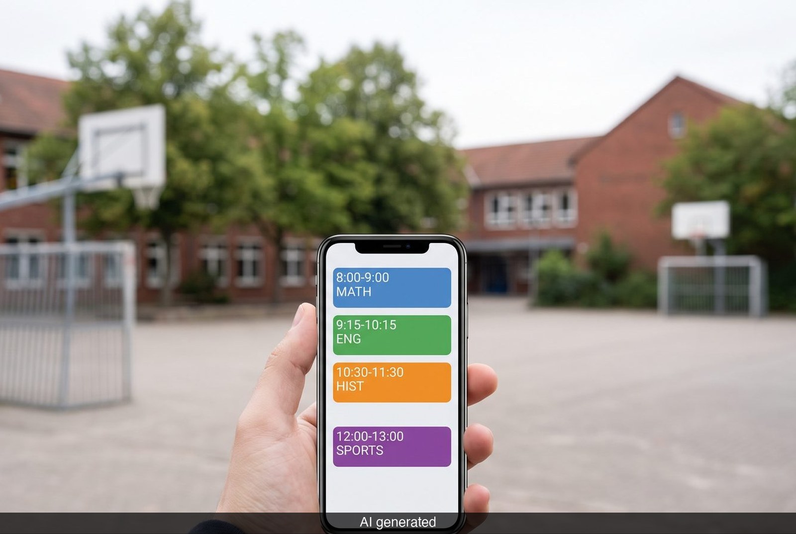 Smartphone mit einer Pausenhof-App vor einem Schulhof, KI-erzeugtes Beispielbild